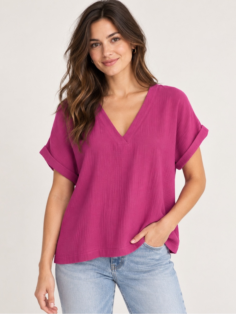 Universal Thread Magenta Cotton V-Neck Relaxed Blouse Size S